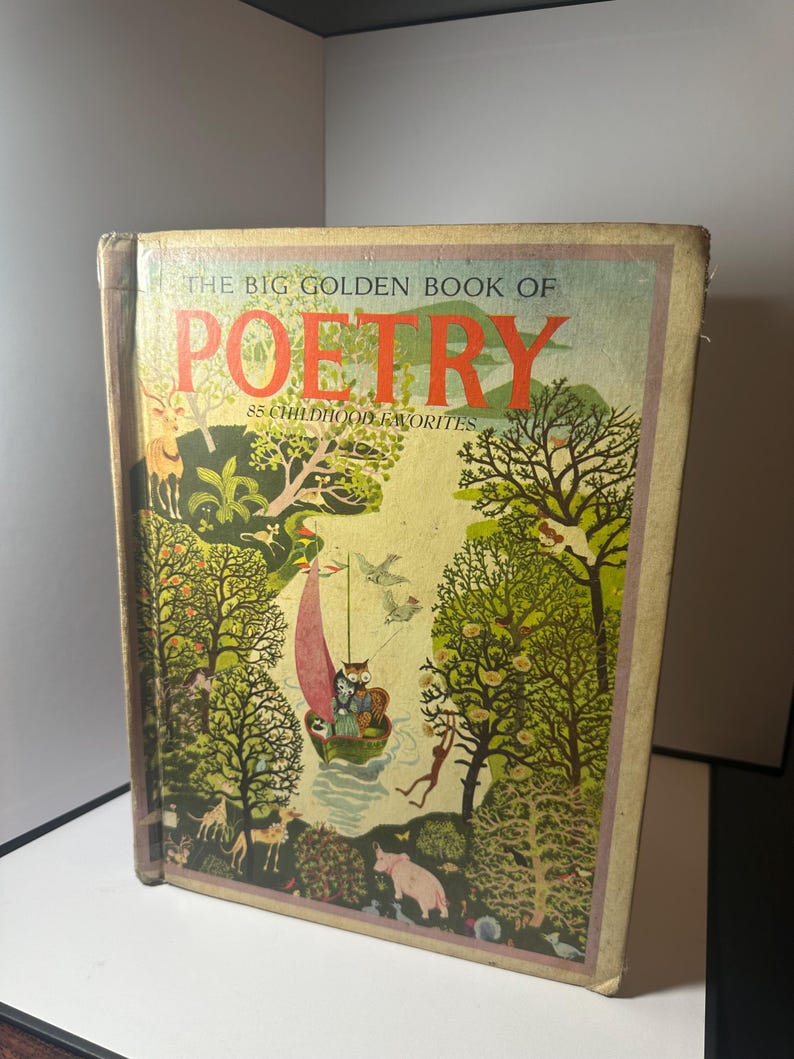 May include: Vintage "The Big Golden Book of Poetry" with a colorful cover illustration. The cover features a whimsical scene with animals, trees, and a boat. The title "POETRY" is in large red letters. The book is a collection of 85 childhood favorites.