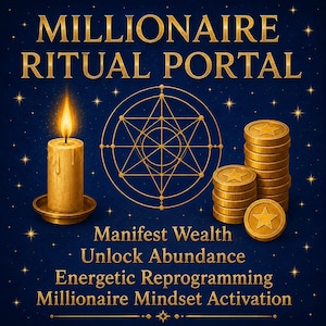 Peut inclure: Un graphique bleu foncé avec le texte doré MILLIONAIRE RITUAL PORTAL, Manifest Wealth, Unlock Abundance, Energetic Reprogramming et Millionaire Mindset Activation. Une bougie allumée et une pile de pièces d'or entourent une étoile géométrique.