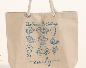 Coastal Canvas Tote Bag, Ocean Design, Custom Name (Rope Handles)