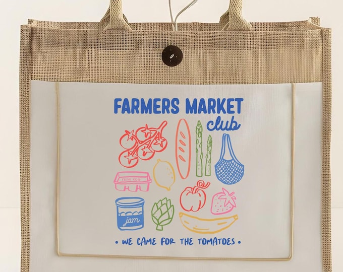Farmers Market Jute Tote, Canvas with Produce Design (Reusable Bag)
