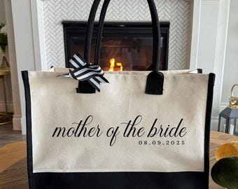 Mother of the Bride Tote Bag - Custom Date, Laminated Canvas with Ribbon