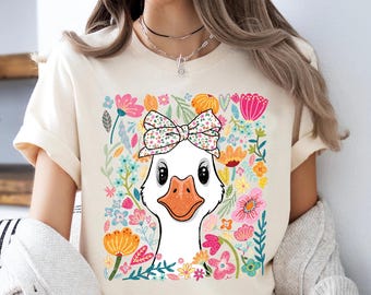 Floral Goose Graphic Tee: Cottagecore Whimsical Animal Shirt