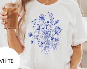 Floral Line Art T-Shirt: Botanical Sketch, Minimalist Graphic Tee
