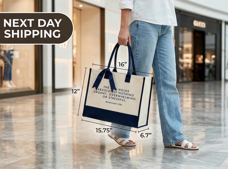 Tote bag design featuring a humorous quote reading the bag holds absolutely nothing urgent overwhelming or stressful displayed in bold uppercase lettering with a clean and centered layout; includes a small retired life phrase underneath for added personality; designed with a minimal modern style that highlights the text clearly; ideal for retirement gifts, everyday use, or carrying essentials with a lighthearted and relaxed vibe