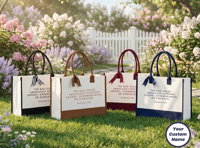 Tote bag design featuring a humorous quote reading the bag holds absolutely nothing urgent overwhelming or stressful displayed in bold uppercase lettering with a clean and centered layout; includes a small retired life phrase underneath for added personality; designed with a minimal modern style that highlights the text clearly; ideal for retirement gifts, everyday use, or carrying essentials with a lighthearted and relaxed vibe