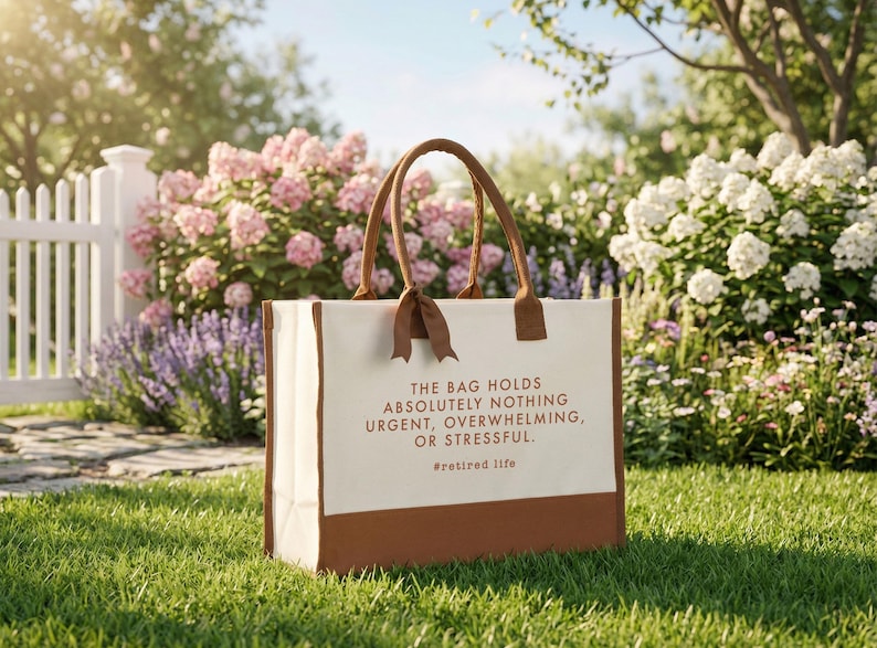 Tote bag design featuring a humorous quote reading the bag holds absolutely nothing urgent overwhelming or stressful displayed in bold uppercase lettering with a clean and centered layout; includes a small retired life phrase underneath for added personality; designed with a minimal modern style that highlights the text clearly; ideal for retirement gifts, everyday use, or carrying essentials with a lighthearted and relaxed vibe