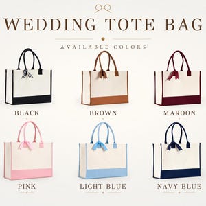 a collection of six tote bags in various colors, including black, brown, maroon, pink, light blue, and navy blue.