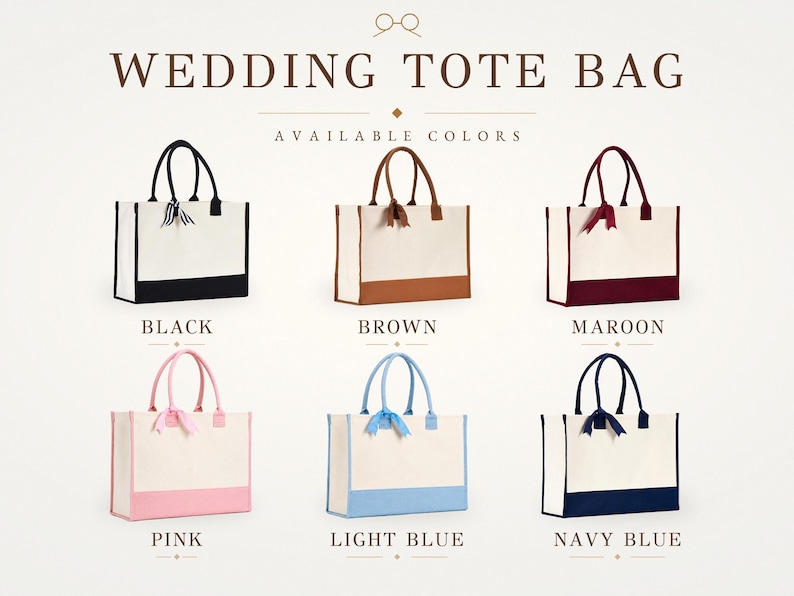 a collection of six tote bags in various colors, including black, brown, maroon, pink, light blue, and navy blue.