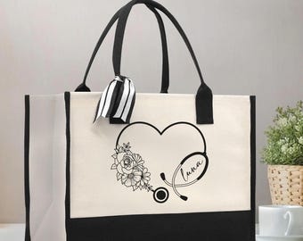 Nurse Tote Bag: Custom Name Floral Stethoscope - Durable Cotton Canvas