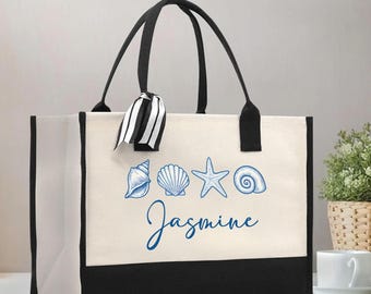Seashell Tote Bag: Personalized Name, Ocean Shell Print - Cotton Canvas