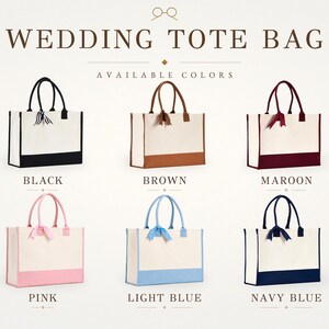 a collection of six tote bags in various colors, including black, brown, maroon, pink, light blue, and navy blue.