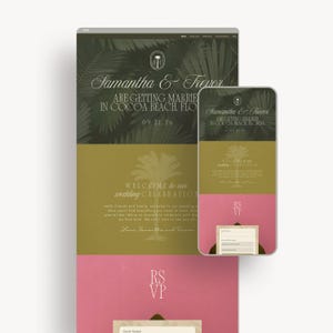 Könnte beinhalten: Ein Website-Design für eine Hochzeitseinladung, angezeigt auf einem Desktop und einem Mobiltelefon. Das Design zeigt einen dunkelgrünen Hintergrund mit Palmfarnen und den Text "Samantha & Trevor" und "Welcome to our wedding celebration".