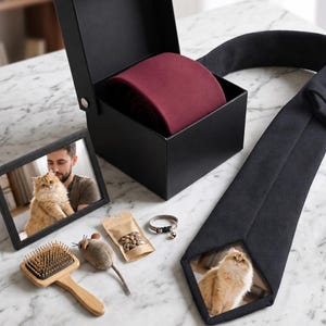 Puede incluir: Una caja de regalo negra que contiene una corbata burdeos, una corbata negra con la foto de un gato dorado, una foto enmarcada de una persona con un gato, un cepillo de madera, un ratón de peluche, una bolsa de premios y un collar para gato.