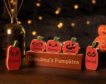 Gepersonaliseerde Halloween-blokset, feestelijk decor, Trick or Treat, familiepompoendecor, gepersonaliseerde geschenken, Halloweencadeau, cadeau voor gezinnen