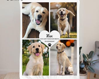 Puede incluir: Manta de forro polar blanca con cuatro fotos de un golden retriever. Un gráfico de corazón con el nombre "Max" y el texto "YOU LEFT YOUR PAW PRINTS ON OUR HEART" está centrado. La palabra "callie" está en la esquina superior izquierda.