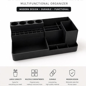 May include: A black multifunctional organizer featuring multiple compartments of varying sizes, including four circular slots, a grid section, and several rectangular bins. The text MULTIFUNCTIONAL ORGANIZER, MODERN DESIGN, DURABLE, FUNCTIONAL is visible.