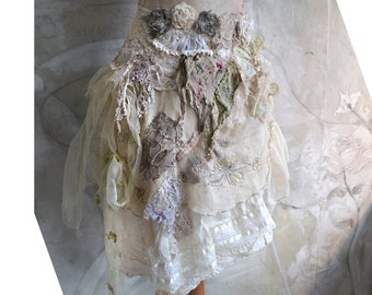 Art To Wear Unique Ivory Ecru Beige Pale Gray Bohemian Skirtr TATTERED ROSSES Fairy Gypsy Boho Tattered