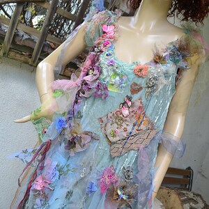 Beautiful Unique Bohemian Layered Velvet/Organza Tunic/Dress Costume Forest BLUE UNDINE Wedding Event Fairy Boho Gypsy Floral Tattered zdjęcie 9