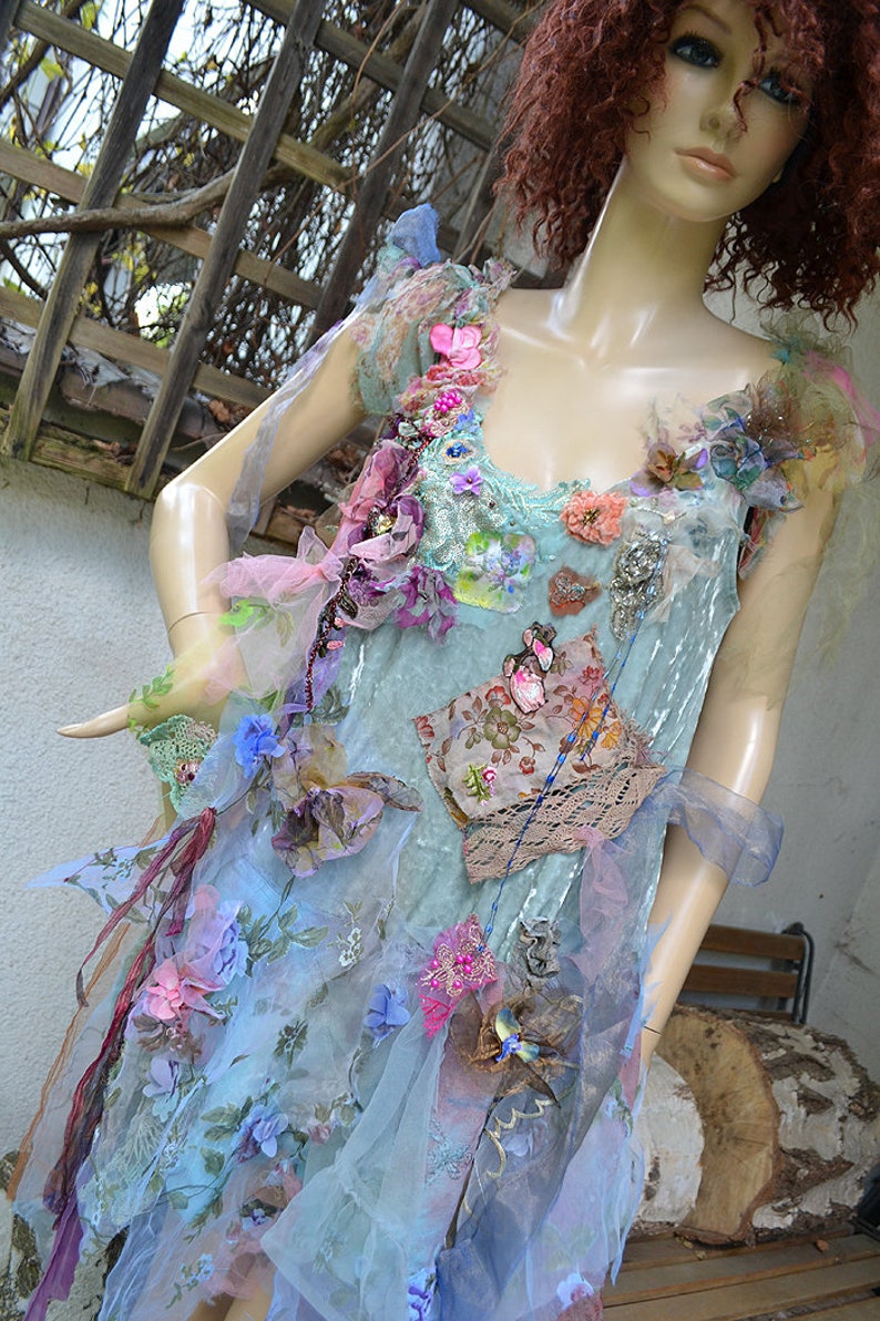 Beautiful Unique Bohemian Layered Velvet/Organza Tunic/Dress Costume Forest BLUE UNDINE Wedding Event Fairy Boho Gypsy Floral Tattered zdjęcie 9
