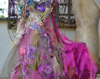 Beautiful Art to Wear Bohemian Dress Wedding RASPBERRY DRESS Fairy Fuchsia Wearable Gypsy Altered Couture Flowers Tattered