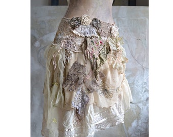 Art To Wear Unique Ivory Ecru Beige Pale Gray Bohemian Skirtr TATTERED ROSSES Fairy Gypsy Boho Tattered