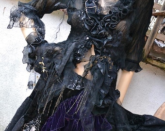 Maravillosa y única chaqueta gótica de bruja de estilo victoriano negra transparente con diseño de hada de la noche de la LUNA hecha jirones