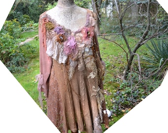 Art To Wear XL Loose Soft Knitted Hand Dyed Dirty Pink/Cocoa Boho Tunic FEMININE COLORS  Fairy Gypsy Bohemian  Tattered