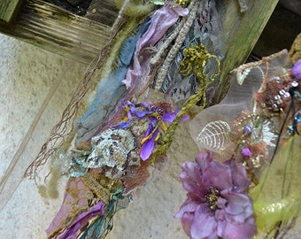 Unique Woodland Scarf Plants LAVENDER ROSE Fairy Forest Wearable Gypsy Bohemian Altered Couture Flowers Embellished Tattered