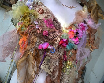 Art to Wear Unique Feminine Boho  Lacy Shawl/Cape/Wrap CARAMEL with FLOWERS Gypsy Bohemian Fairy Tattered