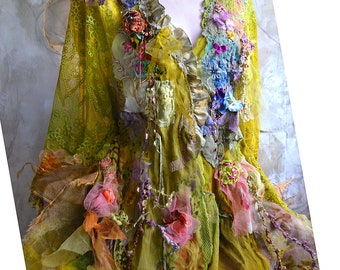 RESERVED Wonderful Unique Pistachio Chartreuse XXL Lacy Boho Jacket FORESt GREENNESS Fairy Gypsy Florals Tattered