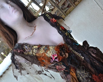 Art to Wear Unique Brown Charcoal Bohemian Dress with Silk Velvet Top VICTORIAN CHIC  Fairy Wearable Gypsy Bohemian Altered CoutureTattered