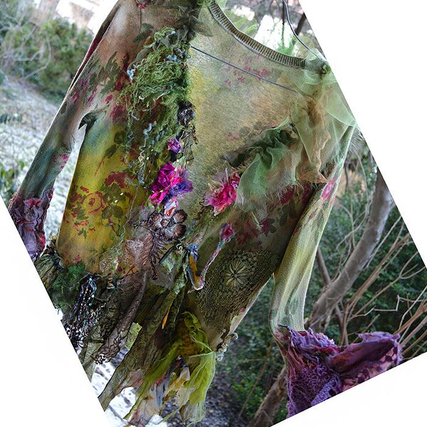 RESERVED Art To Wear Forest  Stretchy Cotton Green/Yellow Jacket BLOOMING MEADOW Spring Moss Fairy Woodland Antoinette Boho Tattered Gipsy
