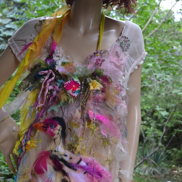 RESERVED Unique Art to Wear Hippie Extra Large Felted Necklace  MUSCOVY DUCK  Bushes Hot Wool Locks Silk Sari  Colorful Tattered