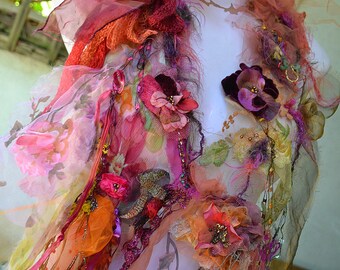 Beautiful Unique Magic  Scarf ENCHANTED AUTUMN FOREST  Fairy Autumn Gypsy Bohemian  Flowers Embellished Tattered