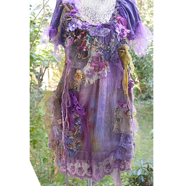 Art To Wear Silk Lilac Lavender Ocher  Forest Tunic Hand Dyed Silk Tunic SHE LOVE her yellow DRESSs Fairy Boho Tattered