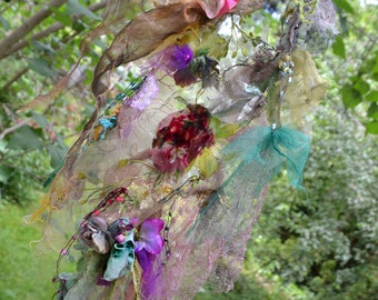 Art to Wear Green Colorful Summer Scarf/Necklace/Headband FOREST PLANTS Fairy Gypsy Bohemian Altered Couture Flowers Embellished Tattered