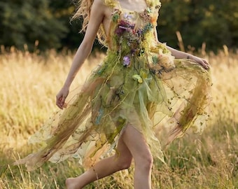 Beautiful Layered Ethereal Forest Nymph  PINK MUSHROOMS Fairy Outfit Fairy Festival Irregular Dress Mermaid Adjustable Wedding  Tattered