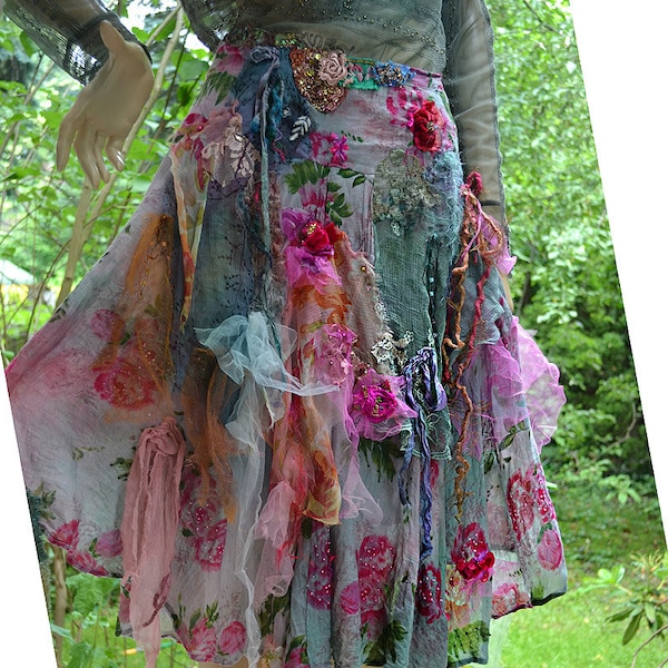 Art to Wear Cotton  Skirt PEONIES  Forest Fairy Wearable Gypsy Bohemian Altered Couture Flowers Embellished Tattered