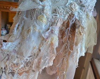 Art to Wear Wonderful  Bohemian Ivory Creamy Shawl/Cape/Wrap IVORY and TEA Gypsy Fairy Tattered