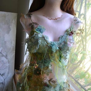 Beautiful Art to Wear Romantic Ethereal Schabby Chic Nymph Mermaid set Top and Belt/Apron MOSS and MUSHROOM FOREST Fairy  Festival Tattered