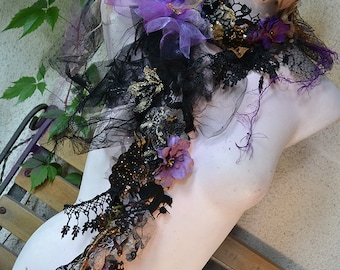 Art to Wear Unique  Floral/Tulle/Scarf PURPLE FLOWERS Fairy Wearable Gypsy Bohemian Altered Couture Flowers Embellished Tattered