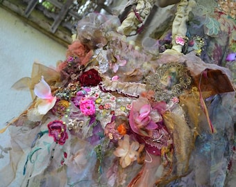 Arte único para llevar, bolso estilo boho hippie con diseño de bosque y jardín, colibrí, estilo shabby chic, para vestir con hadas, gitano, flores, hecho a mano