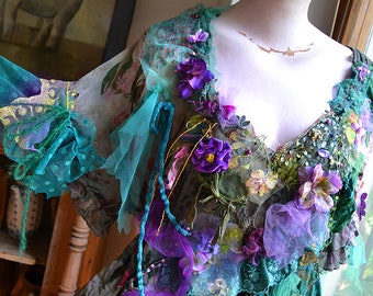 Art to Wear Unique Teal XL Dress SPRING SWAMP FLOWERs Forest Fairy Gypsy Bohemian  Tattered