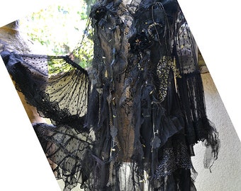 Wonderful Unique Elegant Victorian Style Bohemian Long Lacy  Black Jacket BLACK ROSES Sexy and Romantic  Altered Couture Fairy Boho Tattered