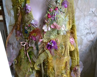 Wonderful Unique Pistachio Chartreuse XL Lacy Boho Jacket SPRING FOREST  Fairy Gypsy Bohemian Florals Tattered