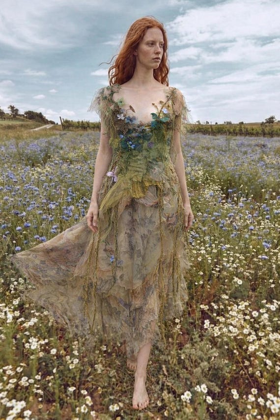 Art to Wear Beautiful Ethereal Delicate Silk Maxi Dress Fairy Festival Nymph FOREST FAIRY Butterflies Fairy Outfit Size Adjustable Tattered