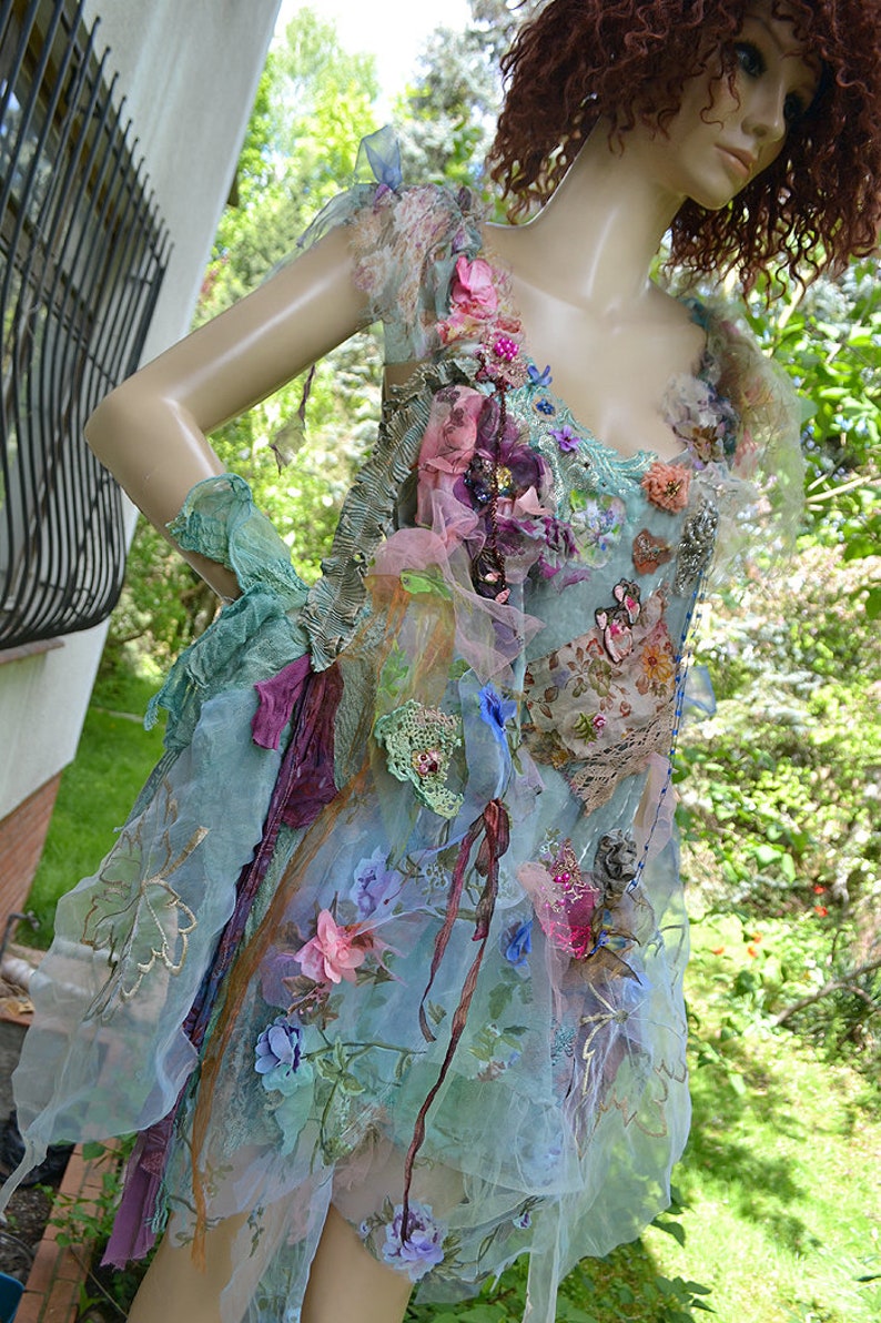 Beautiful Unique Bohemian Layered Velvet/Organza Tunic/Dress Costume Forest BLUE UNDINE Wedding Event Fairy Boho Gypsy Floral Tattered zdjęcie 6