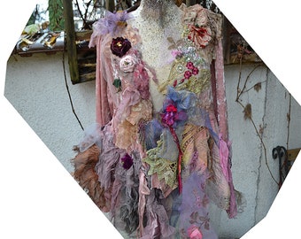 Art to Wear Unique Beautiful  Velvet Shabby Chic Boho XL Jacket DIRTY PINKS  Gypsy Fairy Bohemian  Flowers Tattered