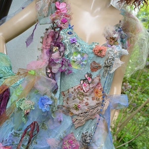 Beautiful Unique Bohemian Layered Velvet/Organza Tunic/Dress Costume Forest BLUE UNDINE Wedding Event Fairy Boho Gypsy Floral Tattered zdjęcie 10
