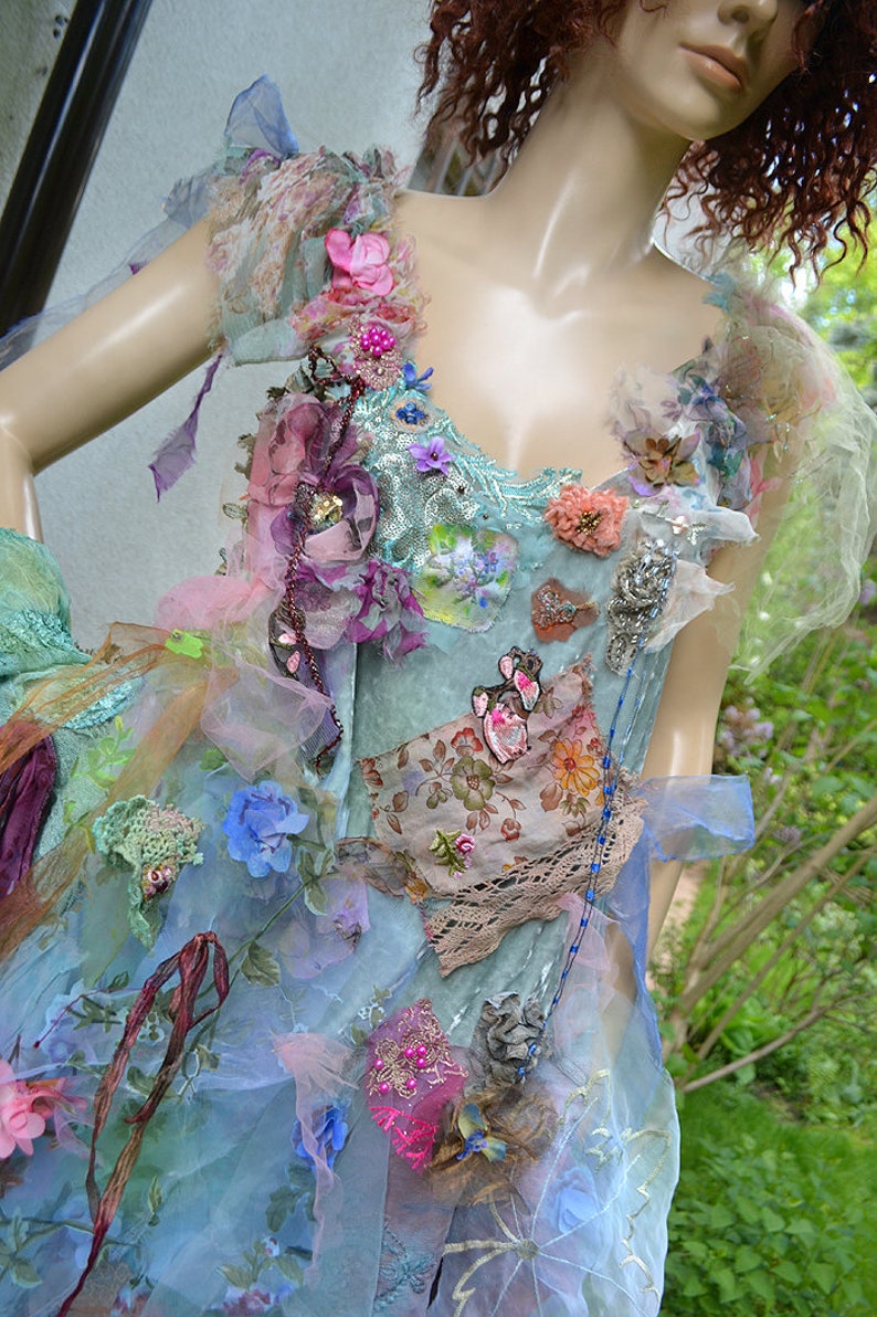 Beautiful Unique Bohemian Layered Velvet/Organza Tunic/Dress Costume Forest BLUE UNDINE Wedding Event Fairy Boho Gypsy Floral Tattered zdjęcie 10